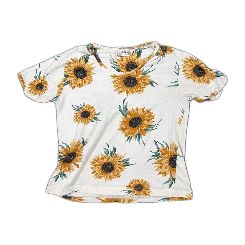 Arizona Jean Company Sunflower Graphic T-Shirt Cream Floral Cotton Tee 90s Large